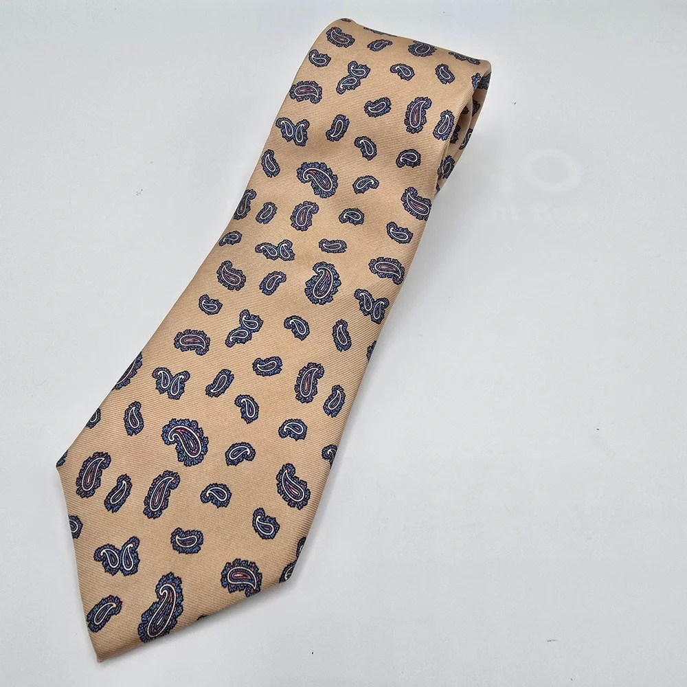 Mens Luxury 100% Silk Paisley Necktie Handmade Italy Formal Business Tan‎ Navy